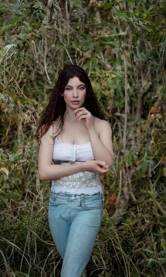 Long-haired woman in white crop top and jeans amidst greenery.