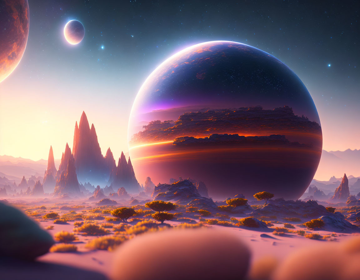 Surreal landscape with towering spires and celestial bodies