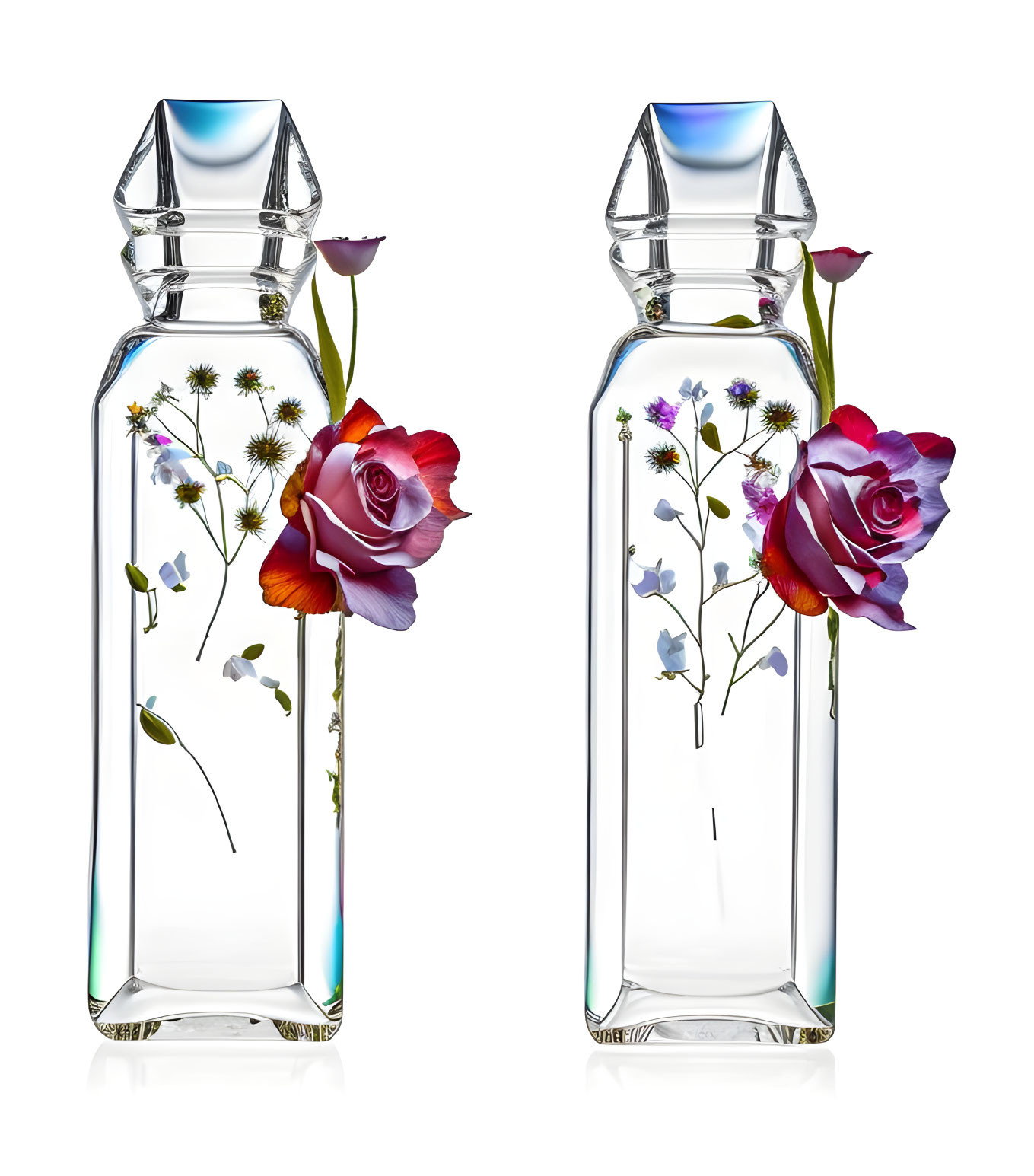 Ornate crystal perfume bottles with floral motifs on white background