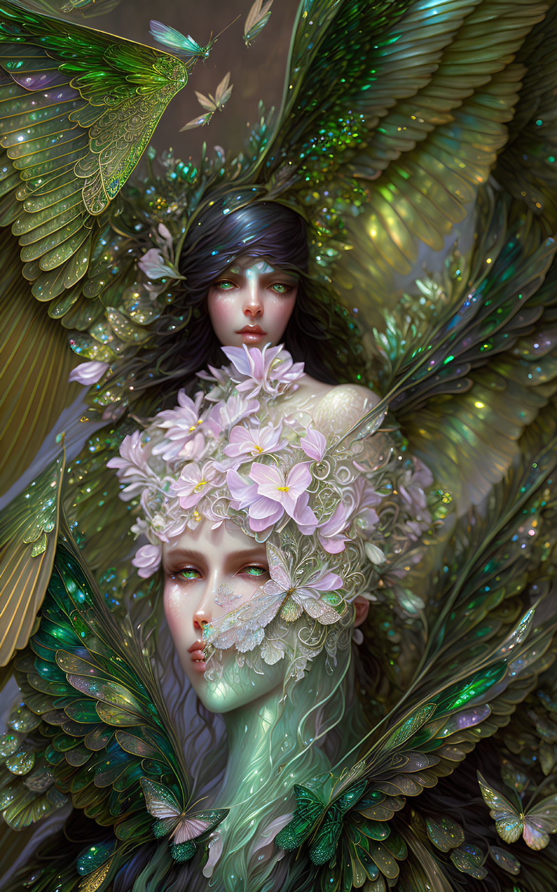 Ethereal portrait of two figures with luminescent wings in a floral fantasy setting