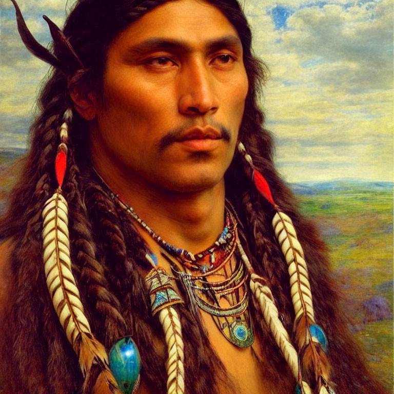 Native American man in traditional attire with braided hair against landscape.