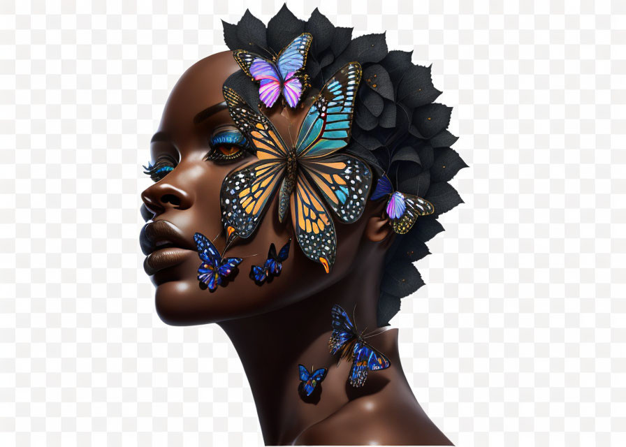 Profile portrait of woman with butterflies on head and shoulder on white background