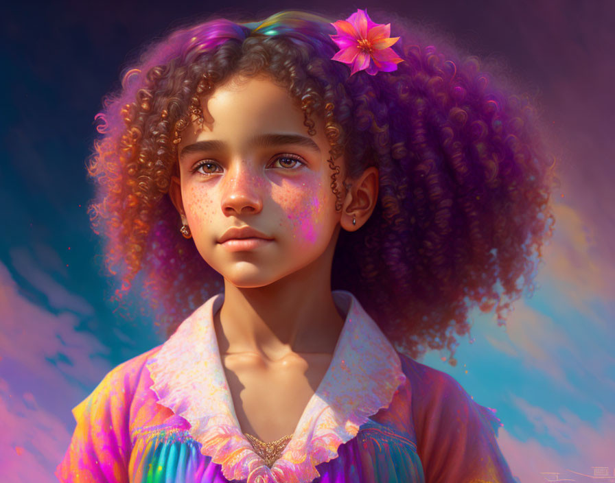 Young girl with curly hair and pink flower, golden freckles, colorful blouse, warm celestial backdrop