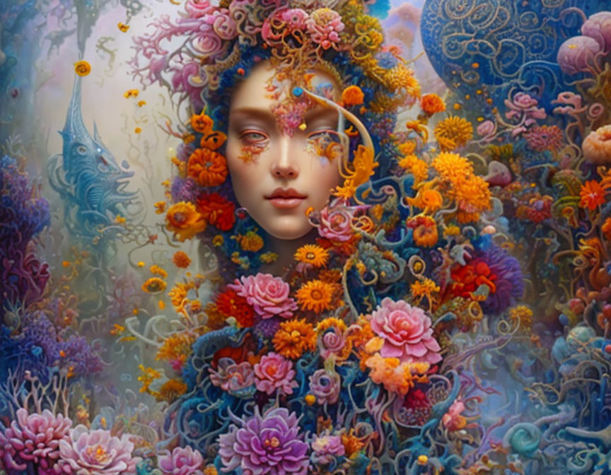 Vibrant floral surrealistic portrait with intricate patterns