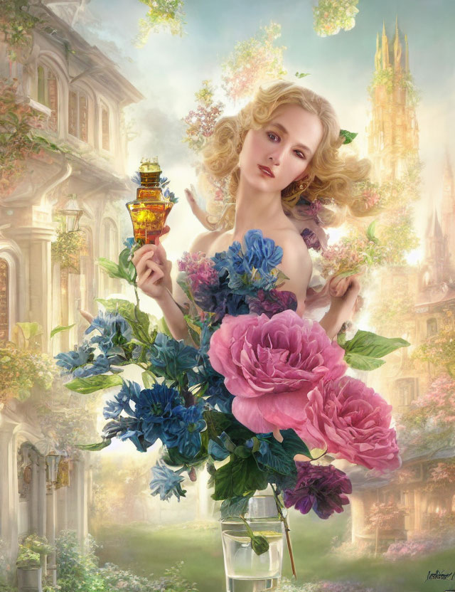 Surreal portrait of fair-skinned woman with blonde hair, vibrant flowers, golden vial,