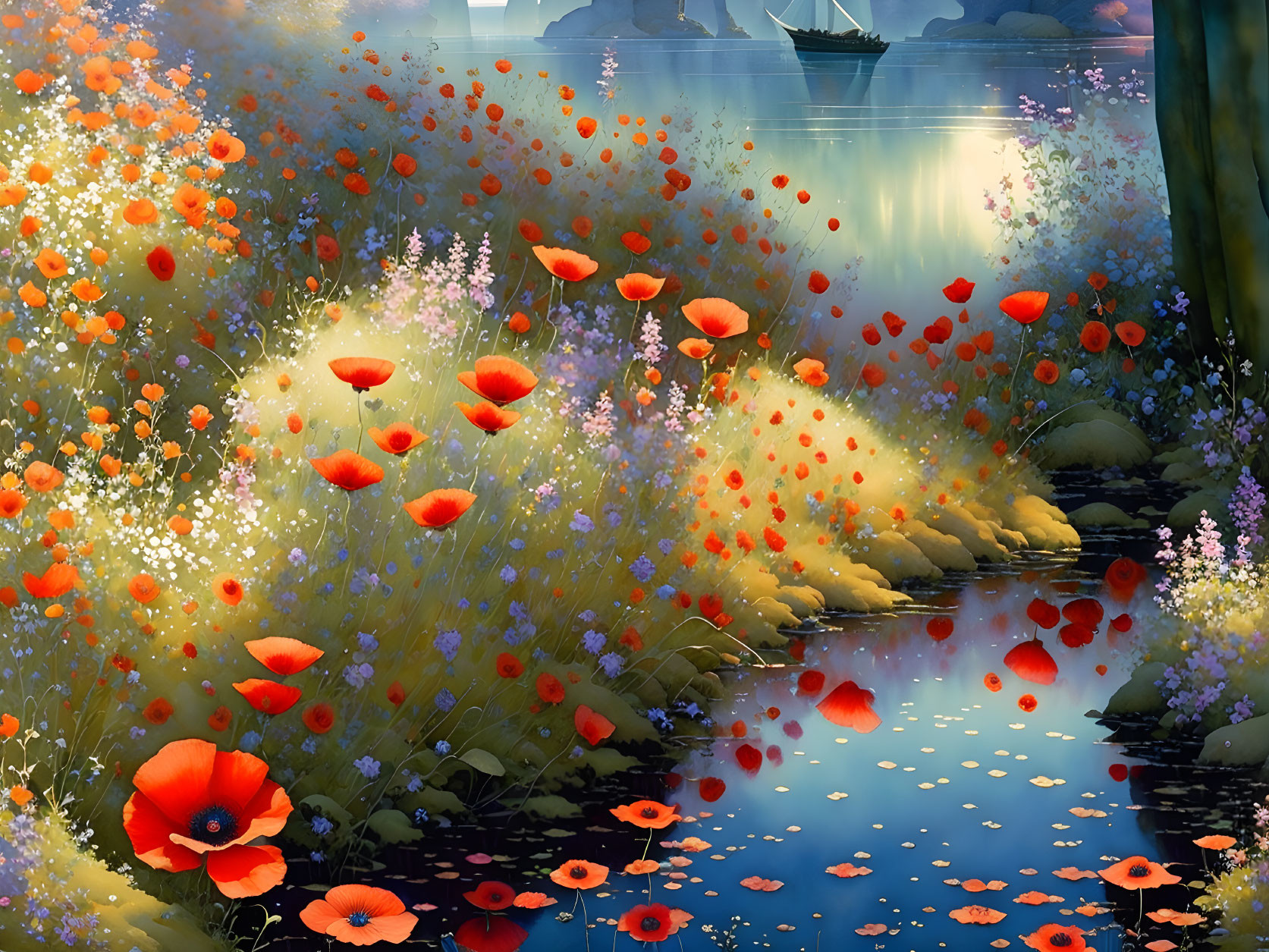 Colorful painting: Red poppies, wildflowers, river, mountains, sailboat