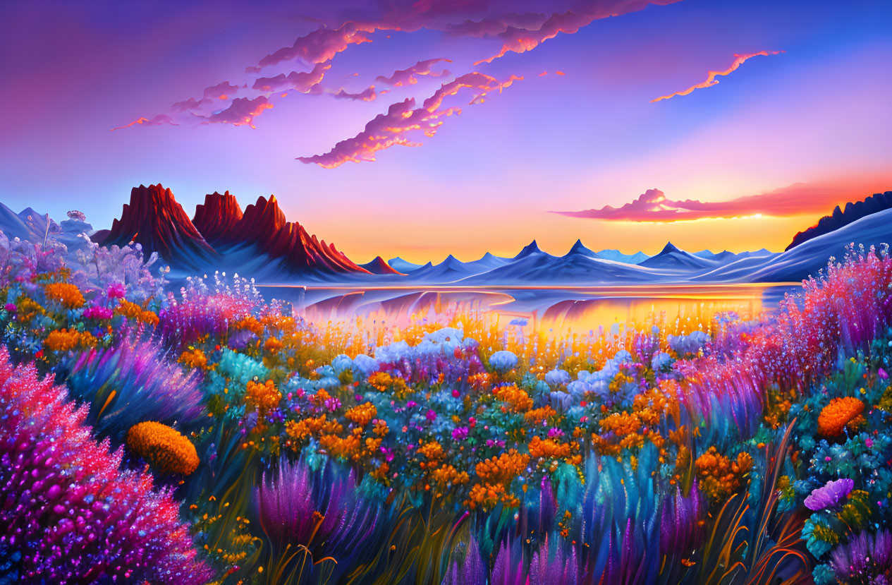 Colorful Wildflower Meadow with Majestic Mountains and Pink Sunset Sky