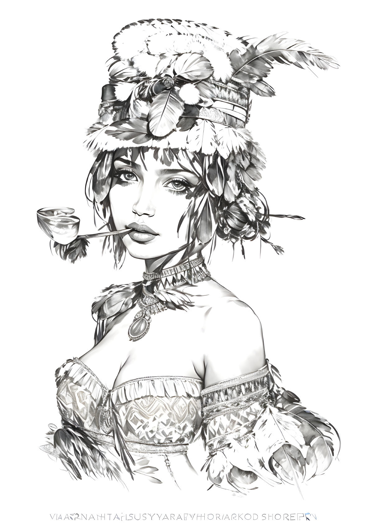 Monochrome digital artwork of woman in feathered headdress with tribal jewelry