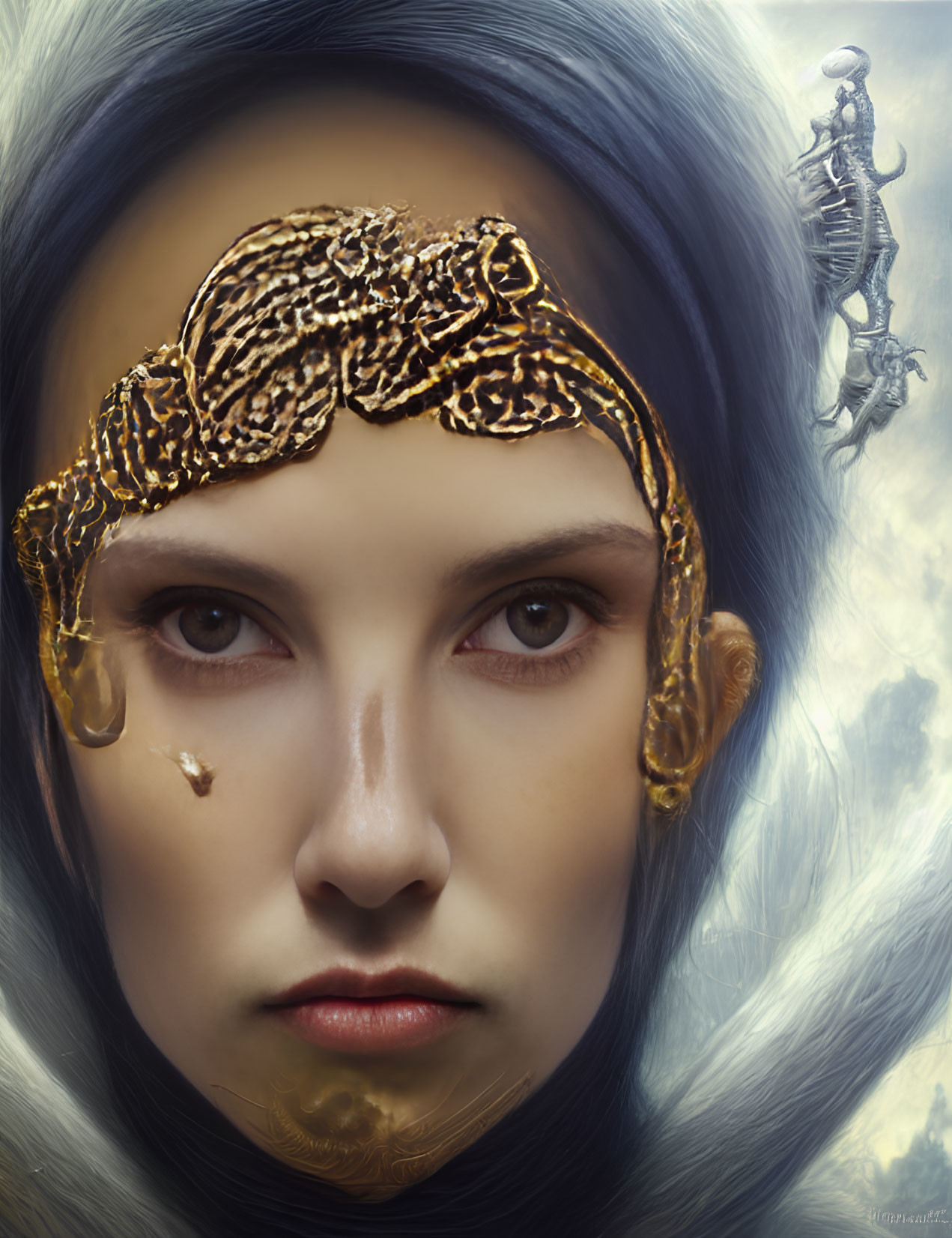 Woman with Golden Headpiece and Blue Hood, Tear on Cheek, Seahorse Illustration