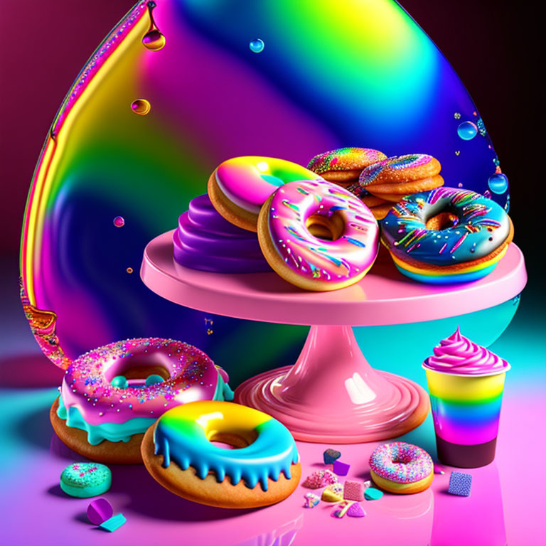 Vibrant Illustrated Donuts and Cupcake on Pink Stand