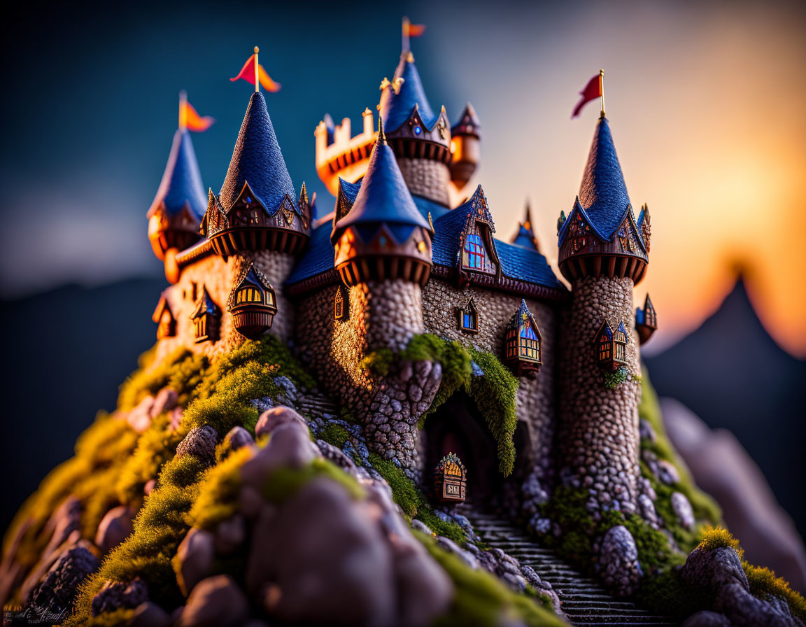 Miniature fairy tale castle on hill with stone walls, blue roofs, red flags, at sunset