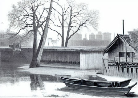 Monochrome river landscape with rowboat, trees, and waterside house