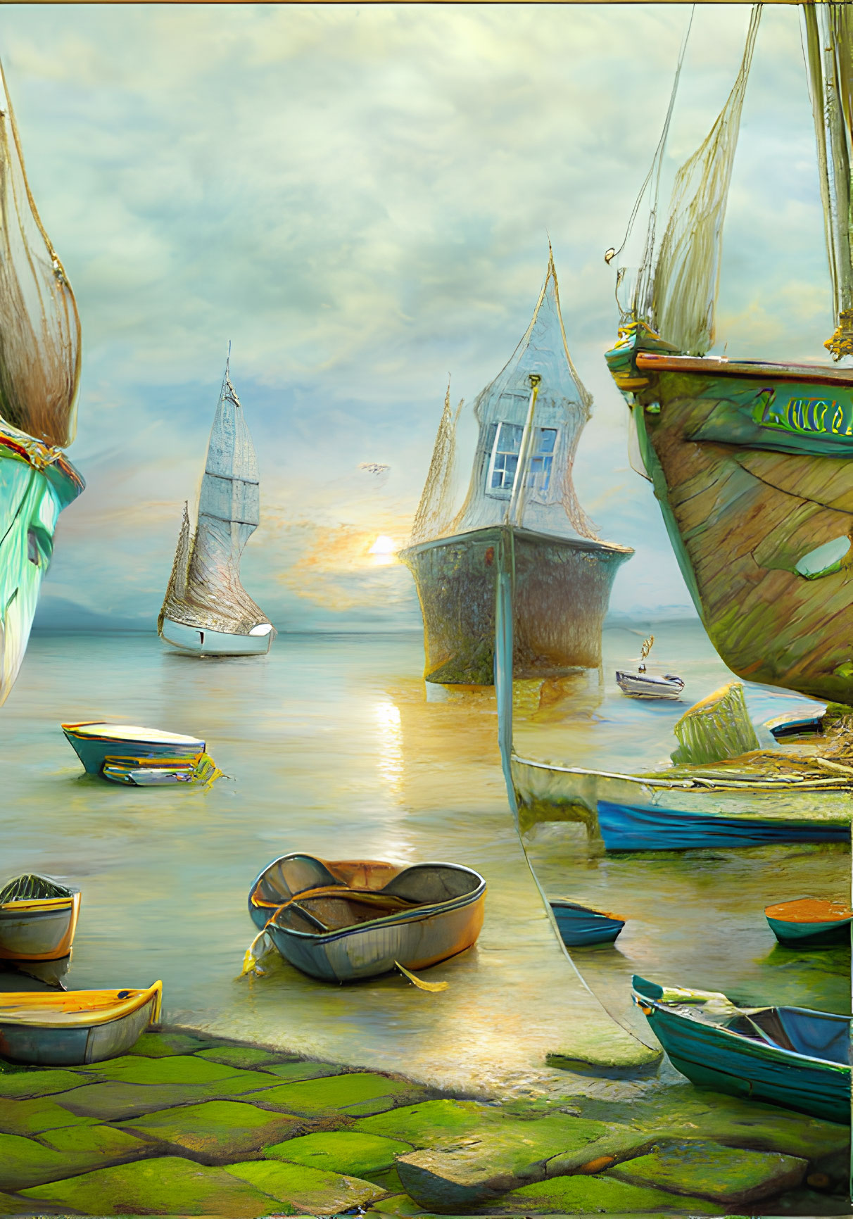 Seascape with sailboats, floating house, rowboats, and sunset sky