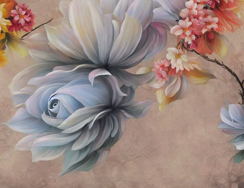 Soft-toned large flowers with delicate petals and vibrant pink blossoms on a muted background.