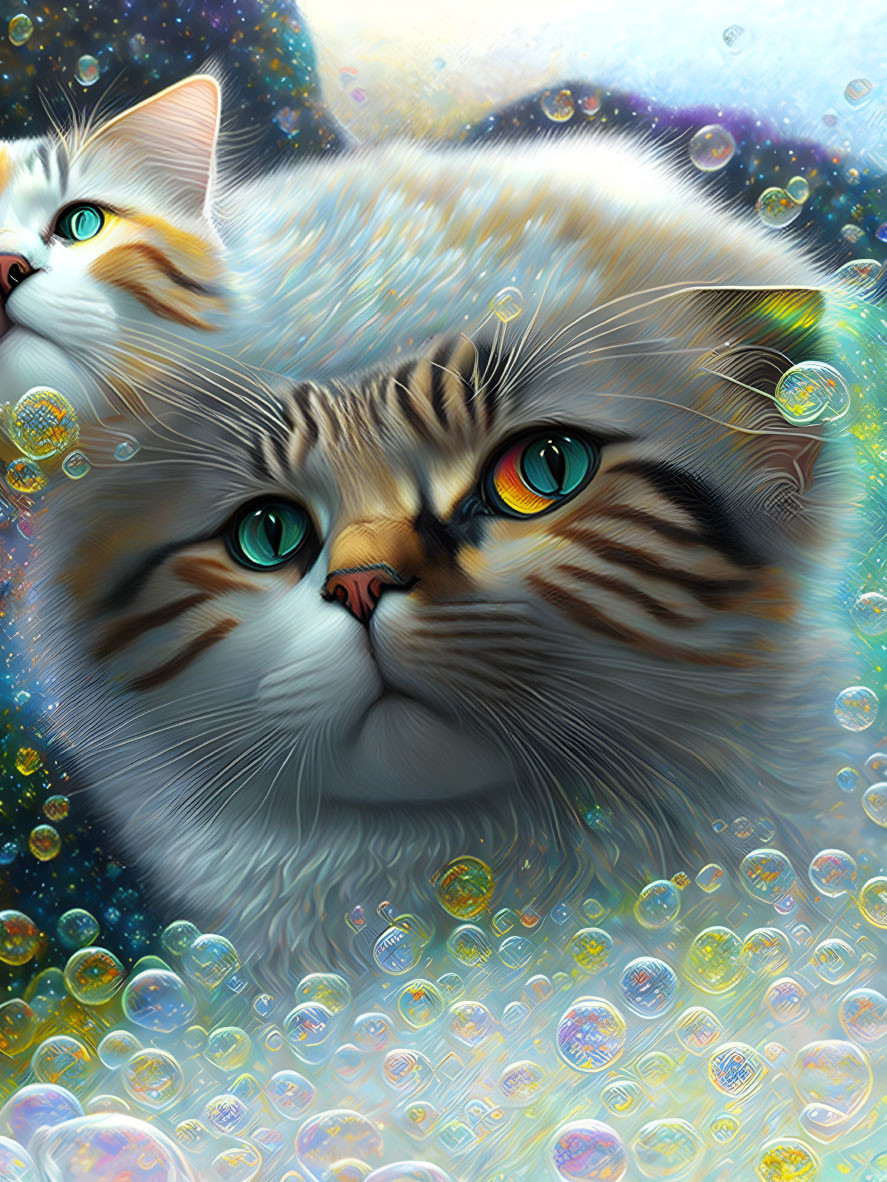 Two cats with green eyes in cosmic bubble background