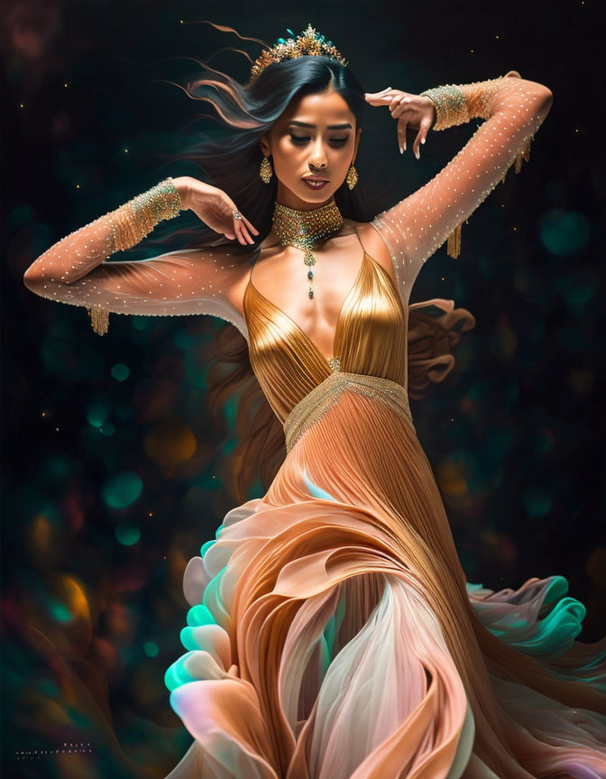 Graceful dancer in golden dress with flowing hair among mystical lights and swirls.