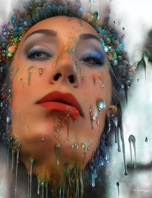 Multicolored beads adorn woman's hair with glossy droplets.