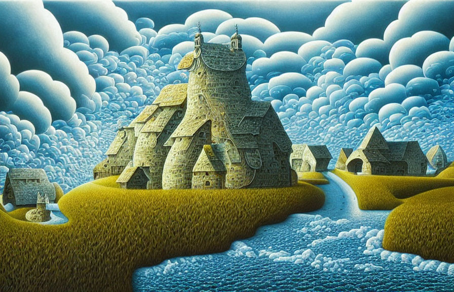 Fantasy castle with central tower amidst rolling hills and fluffy clouds