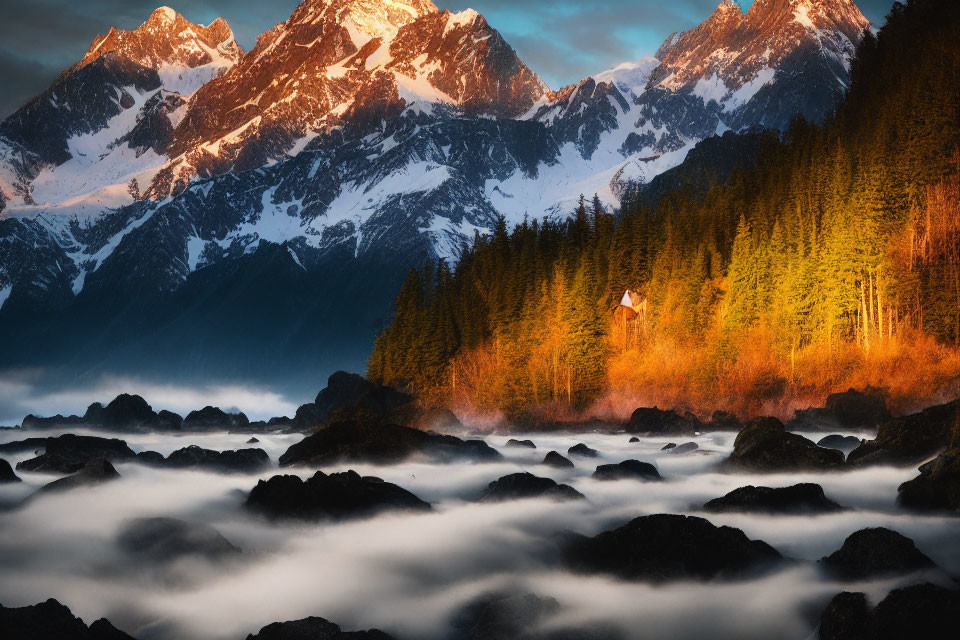 Tranquil landscape with cabin, vibrant trees, and snow-capped mountains