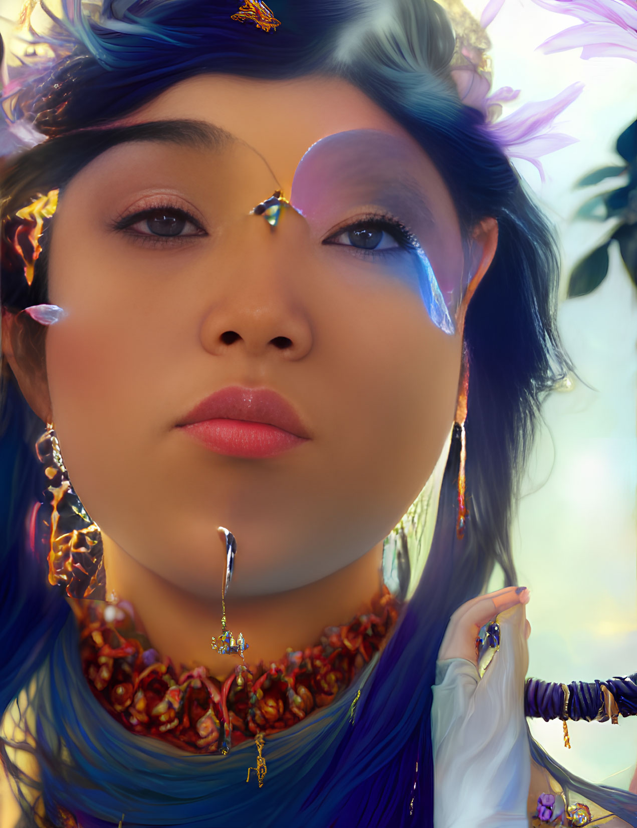 Close-up of woman with striking blue makeup and ornate jewelry among soft purple flowers