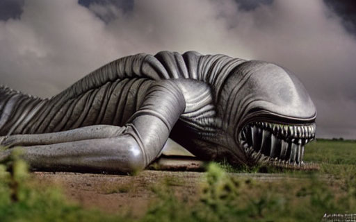 Metallic worm-like creature with sharp teeth on the ground under cloudy sky.