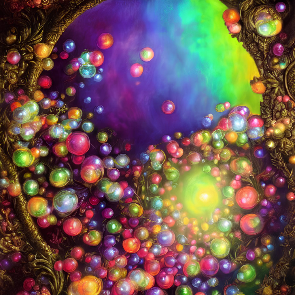 Colorful iridescent bubbles on cosmic backdrop with golden edges