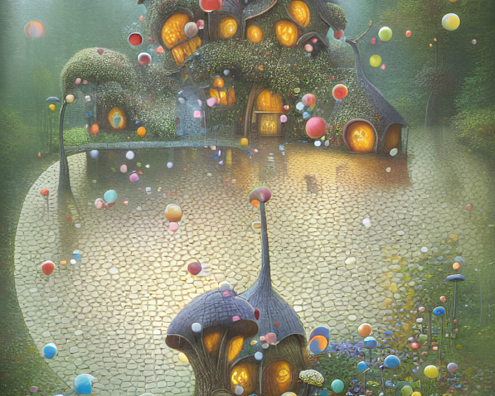 Fantasy illustration of whimsical mushroom houses in magical forest