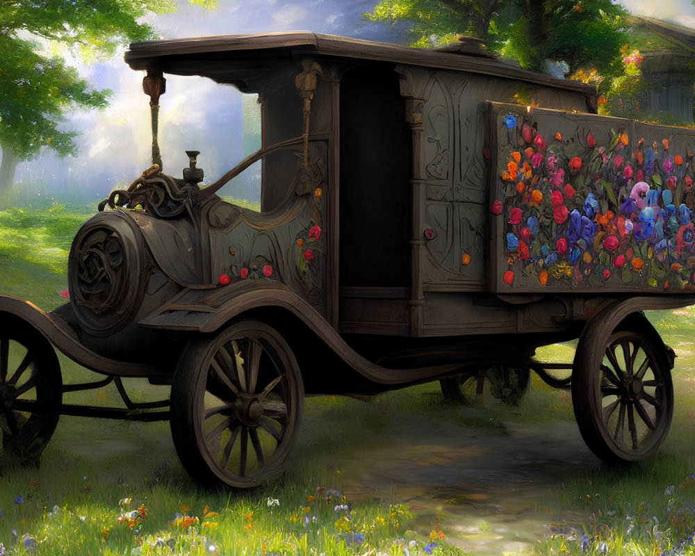 Vintage Truck with Colorful Flowers in Sunlit Glade