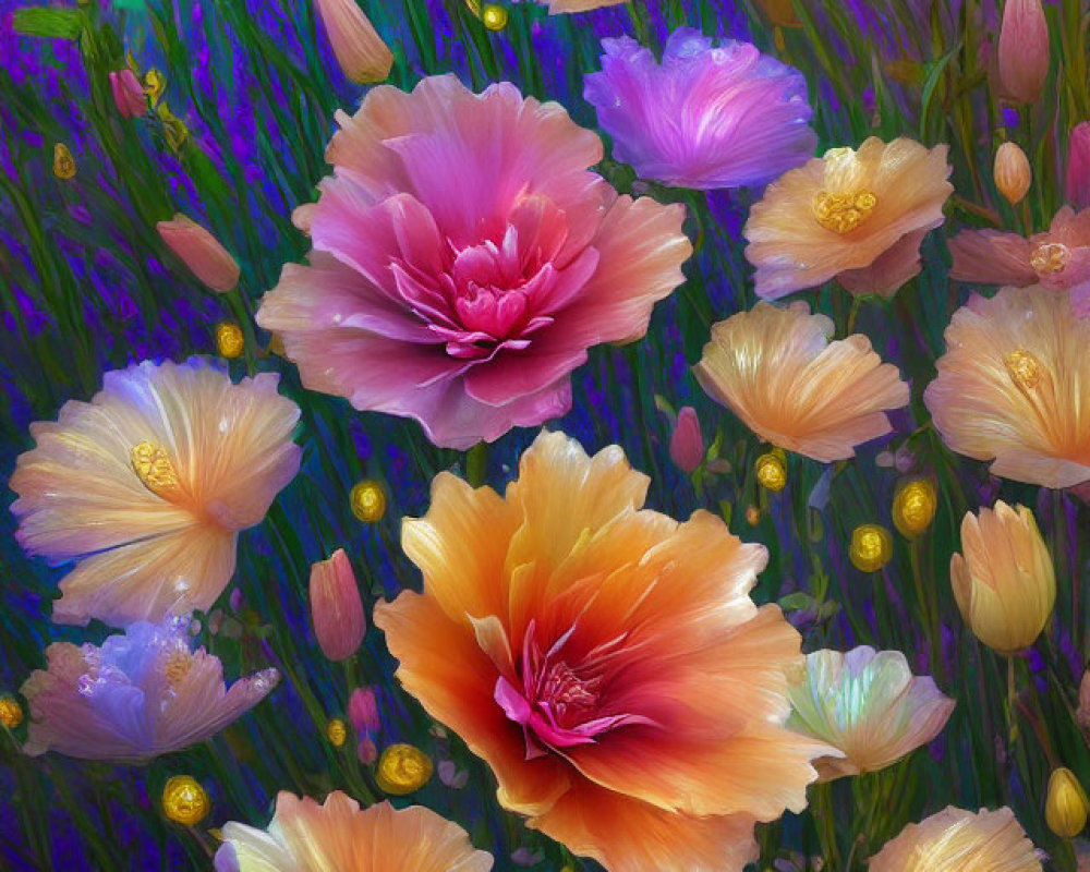 Colorful Flowers Digital Painting on Whimsical Background