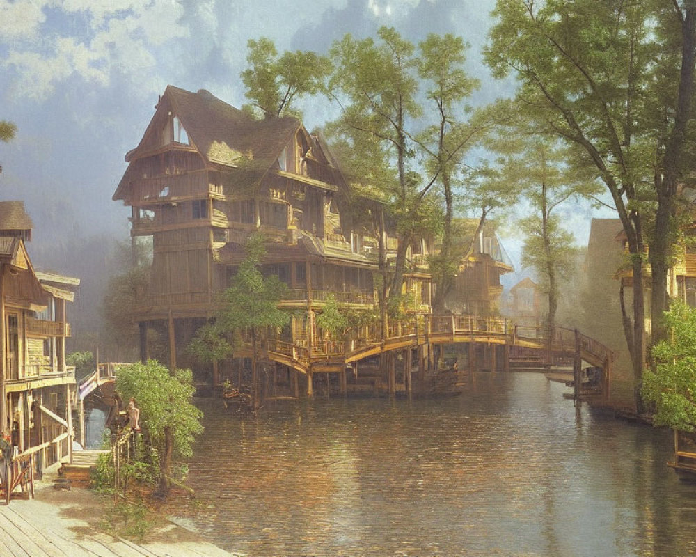 Rustic wooden village with footbridges in misty green setting