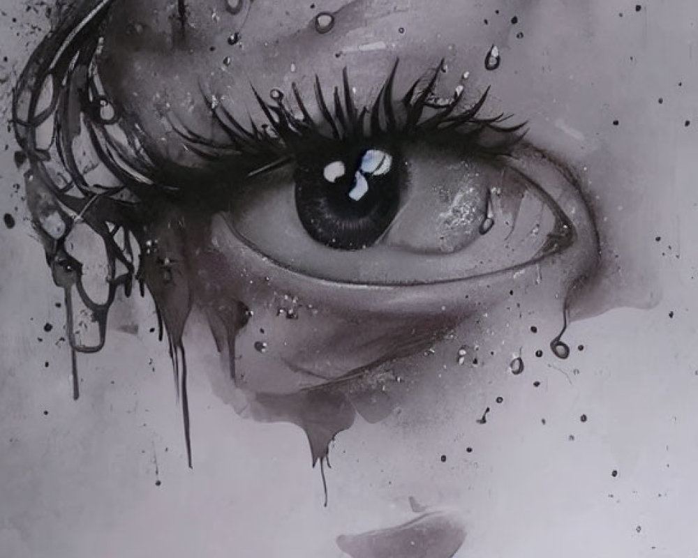 Detailed Monochromatic Eye Artwork with Watercolor-like Drips