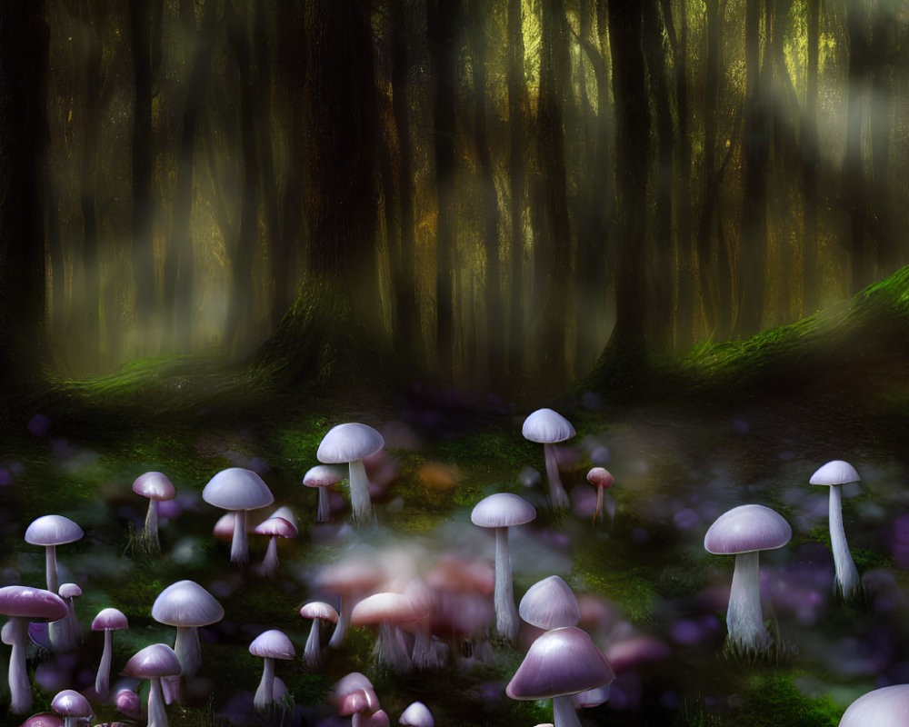 Enchanting forest scene with sunlight and surreal purple mushrooms