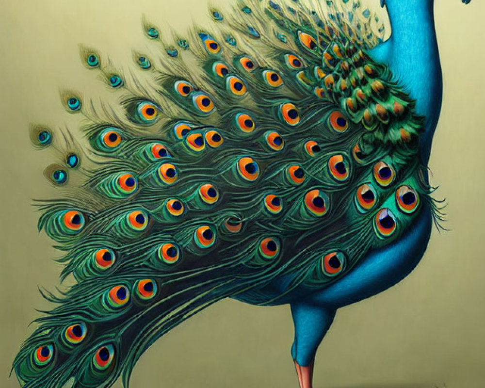 Colorful Peacock Illustration with Exaggerated Body and Eye-Like Tail Patterns