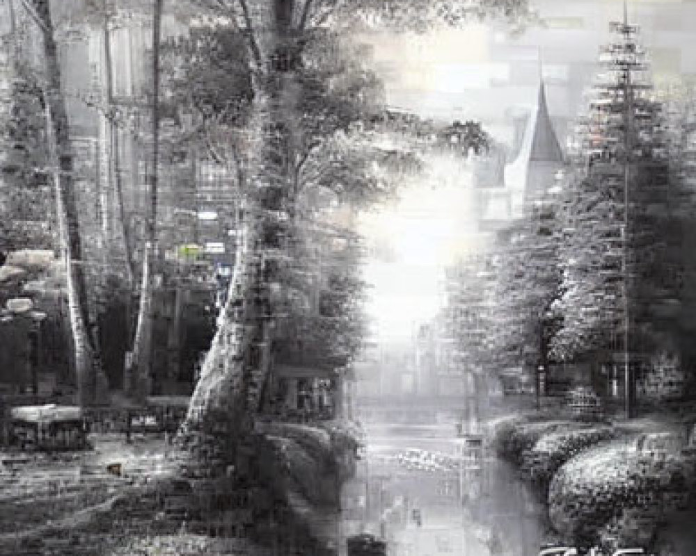 Monochrome painting of serene river scene with trees and mist