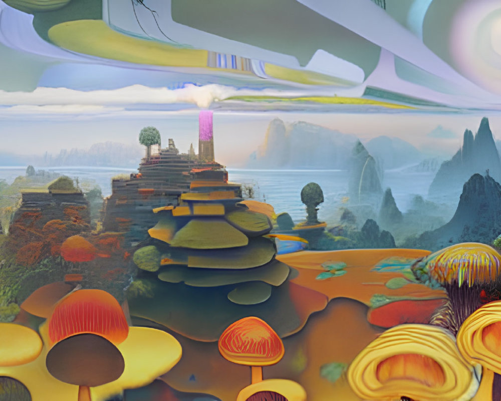 Surreal landscape with mushroom-like structures and colorful sky