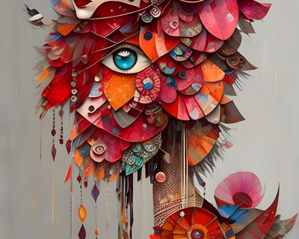 Colorful surreal artwork: Stylized female figure with vibrant headdress on soft grey backdrop