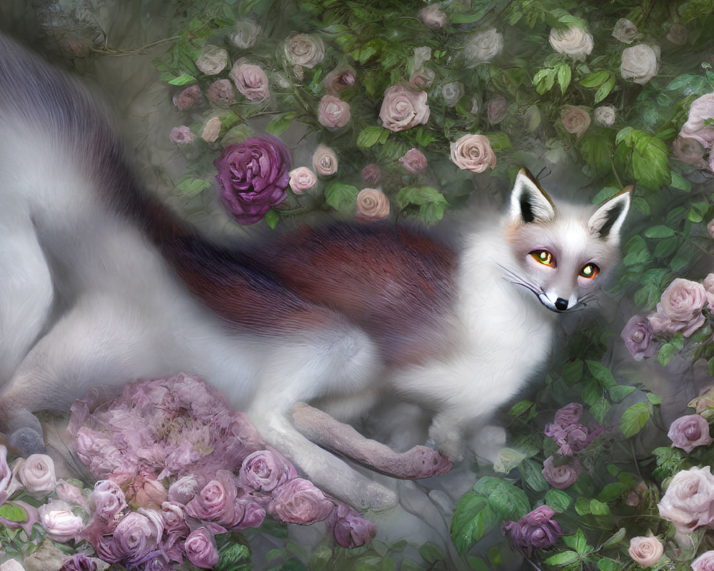 Whimsical fox with vibrant yellow eyes in pastel rose bed