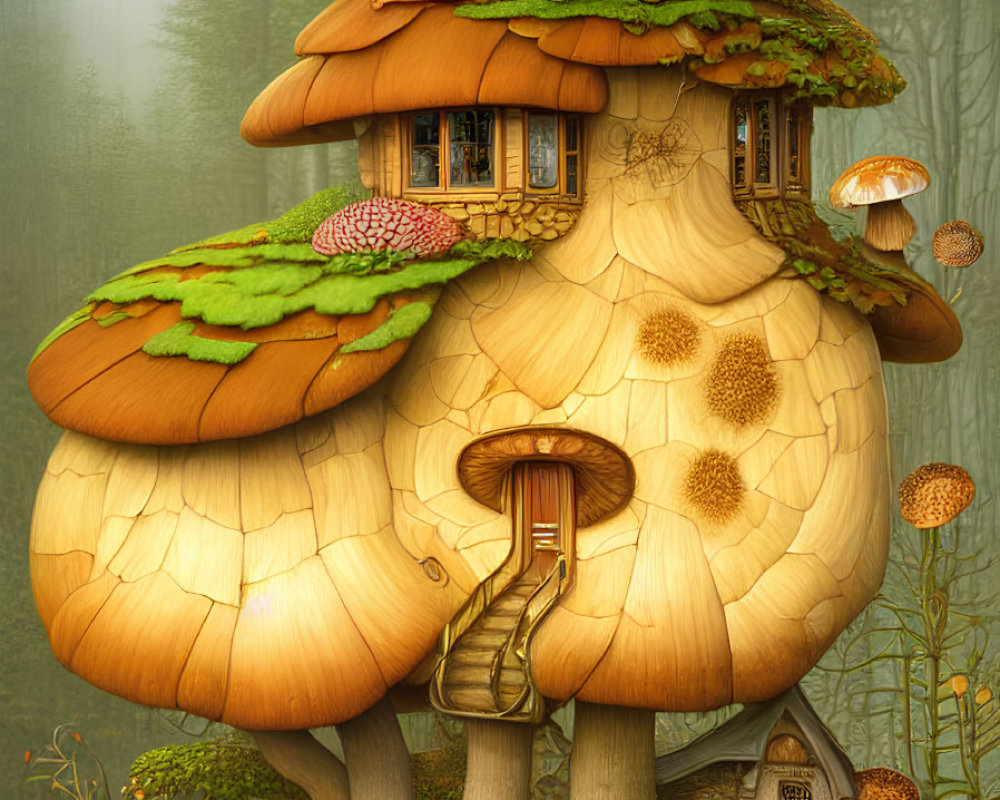 Whimsical mushroom house in foggy forest landscape