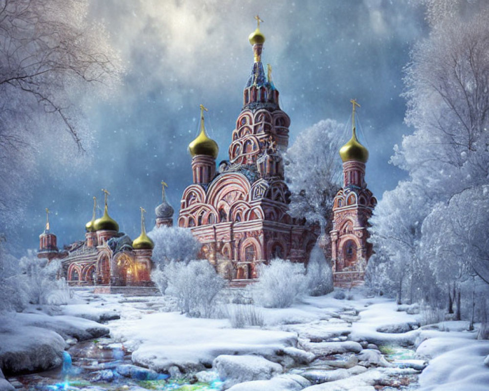 Traditional onion-domed church in enchanting winter scene