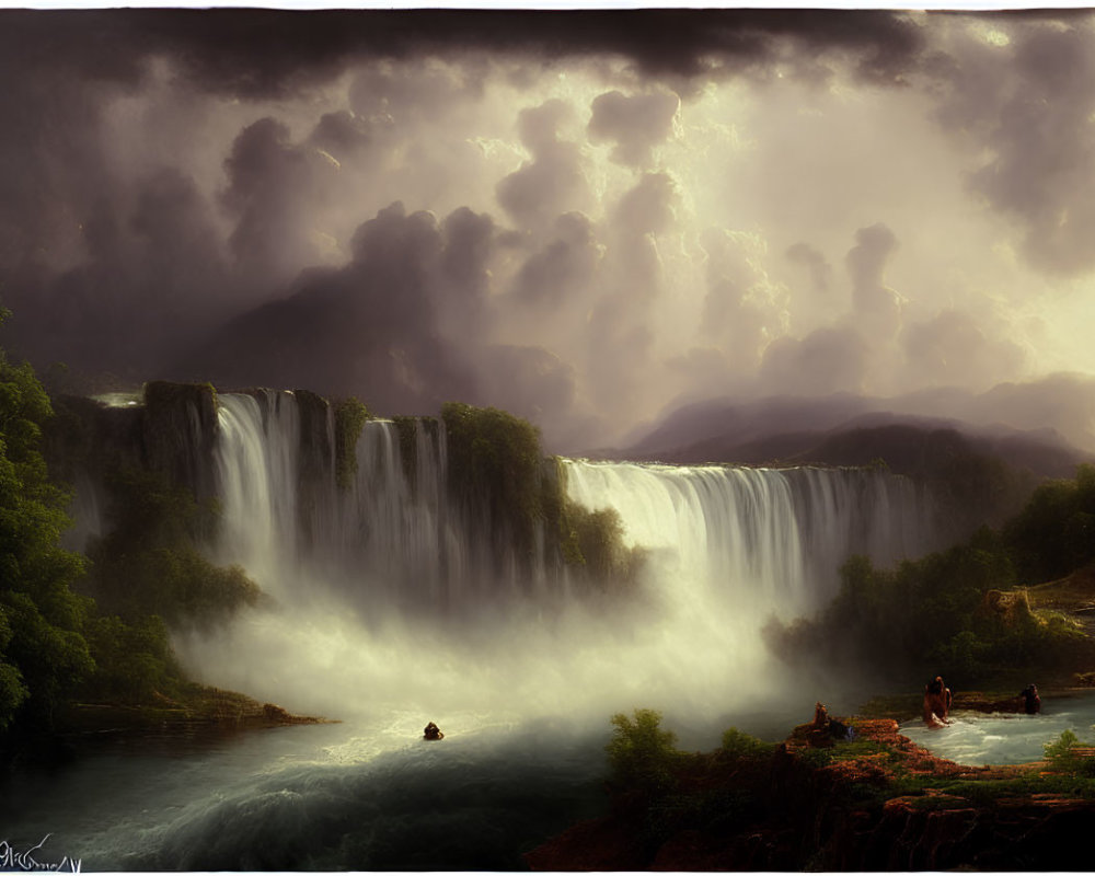 Stormy Sky Over Vast Waterfall with Figures in Boat