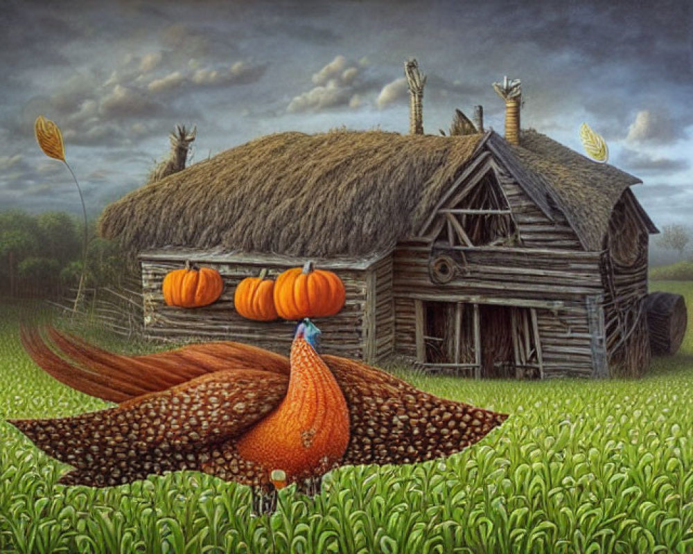 Surreal illustration of old cabin, pumpkins, and corn-peacock