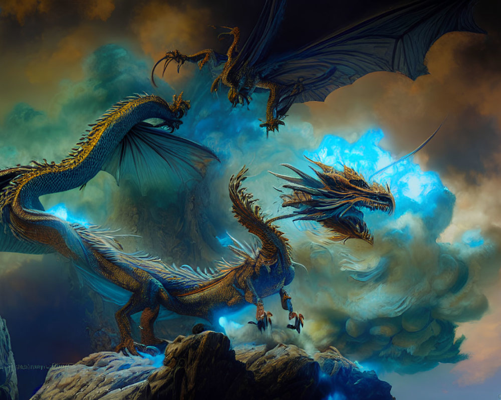 Shimmering dragons on rocky outcrops under dramatic sky