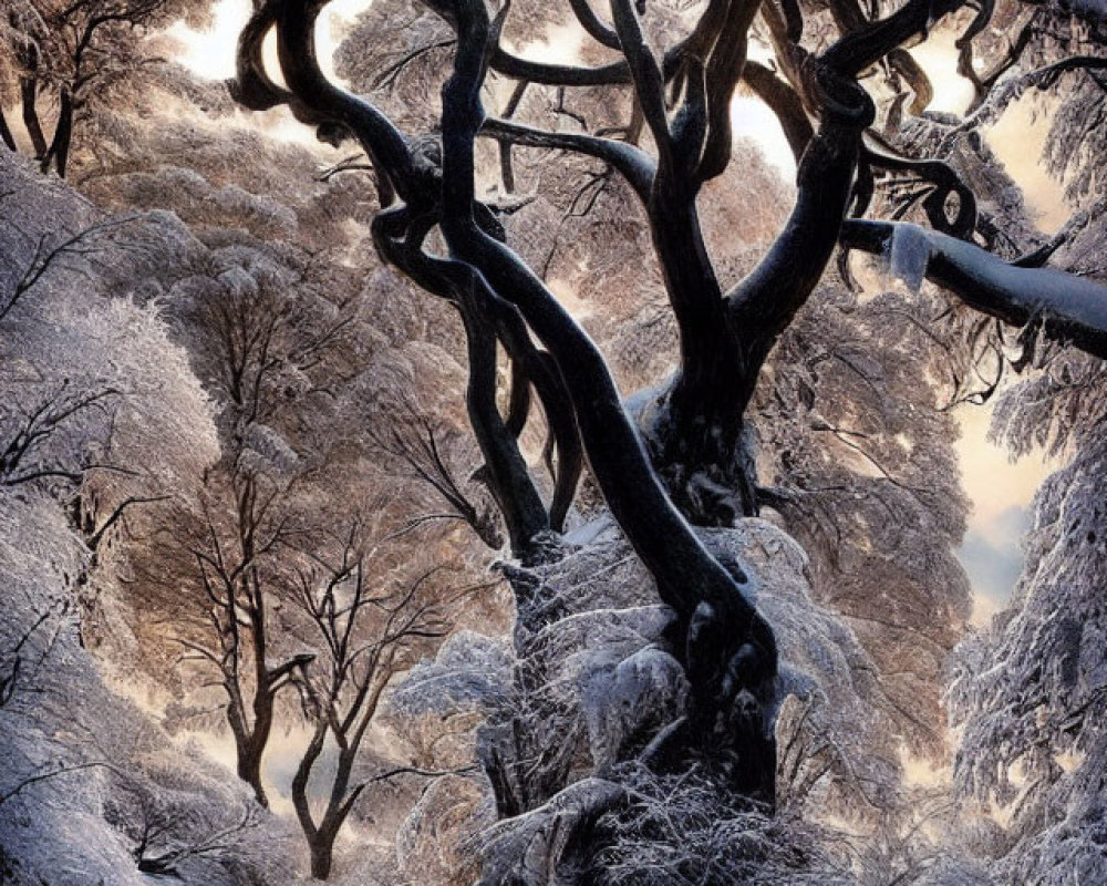 Snow-covered twisty trees and frozen stream in serene winter scene at sunrise or sunset