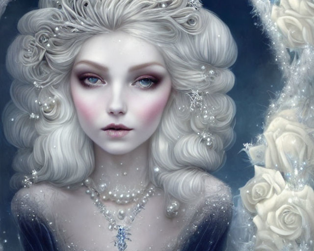 Digital Art: Pale Woman with Floral Hair and Crystal Crown