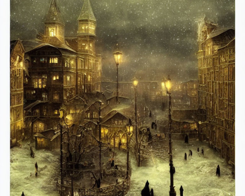 Victorian-era town square at night with snow, street lamps, people, and carousel