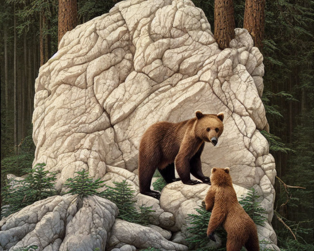 Brown bear and cub near textured rock in pine forest