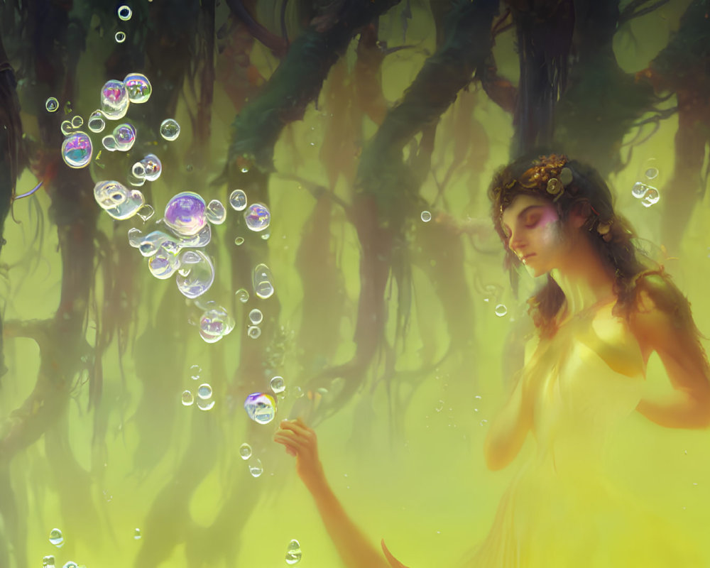 Woman in yellow dress immersed in water among tree roots with shimmering bubbles in ethereal scene