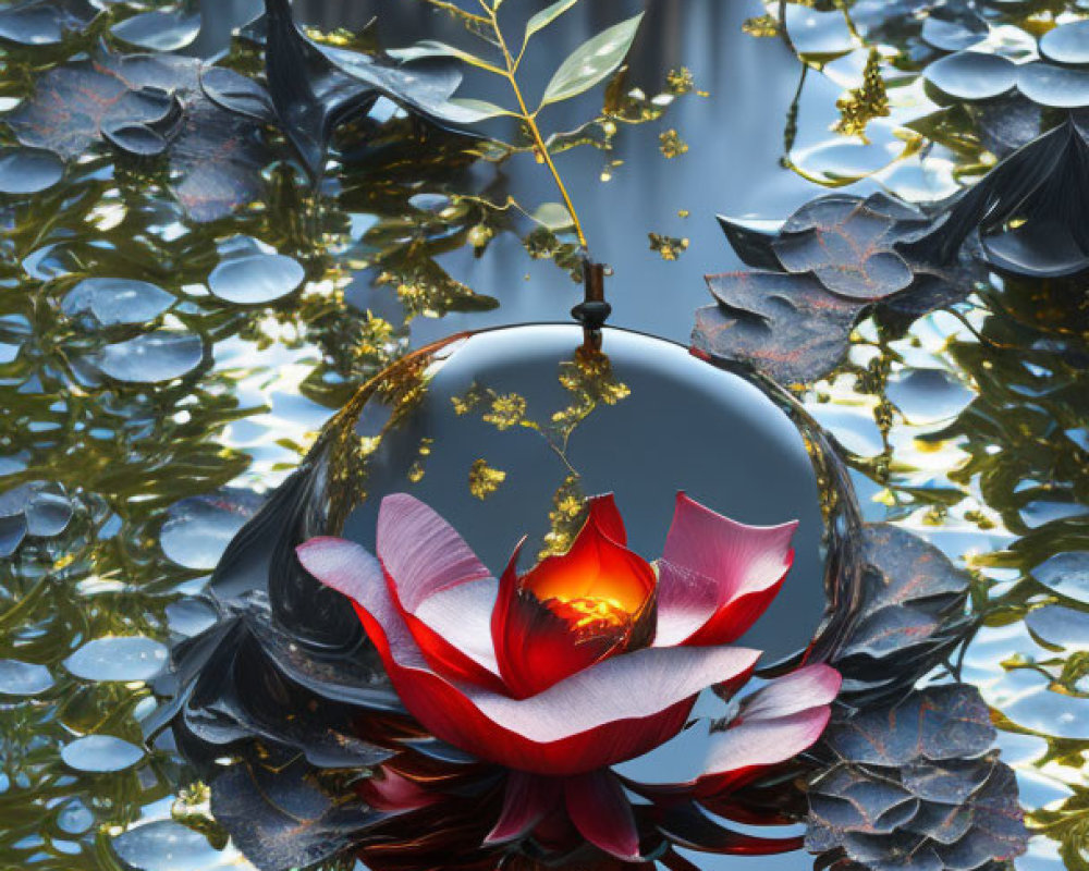 Surreal spherical object with red petals, black swan figures, gold chains