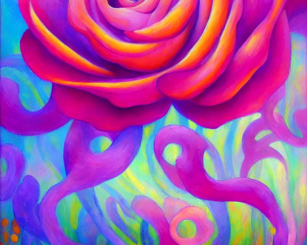 Colorful painting of stylized rose in pink and purple with abstract background