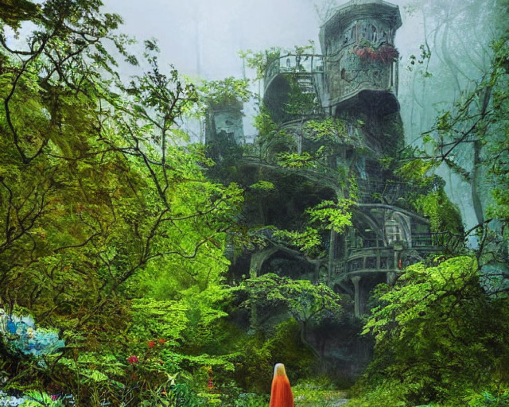 Person in Orange Cloak Walking Towards Ancient Overgrown Tower in Misty Green Forest